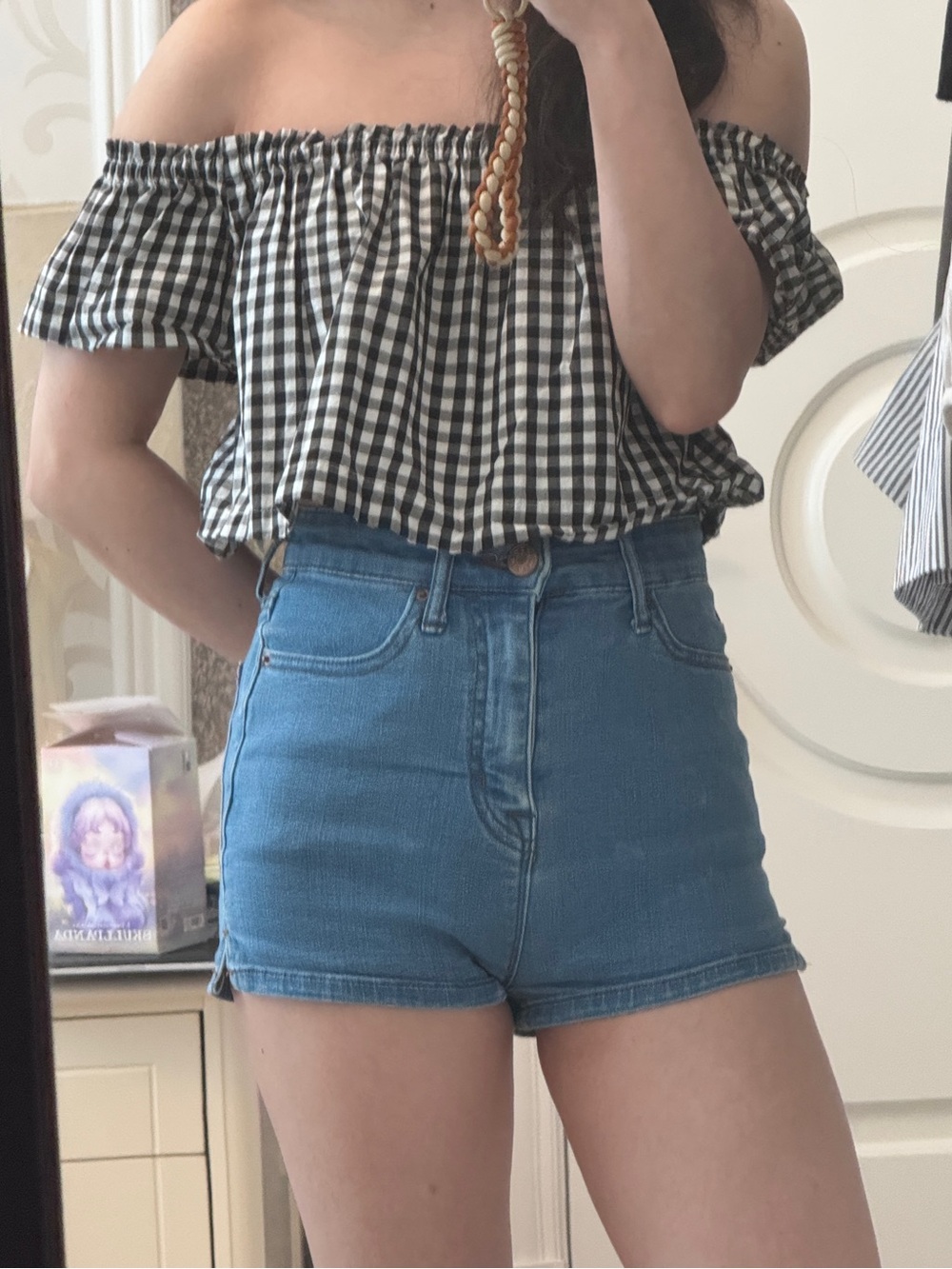 WILFRED Black & White Gingham Off-Shoulder Crop Top